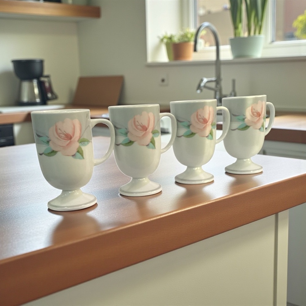 Vintage Saltera Victorian Rose Pedestal Mugs – Set of 4 – 1985 Himark Japan